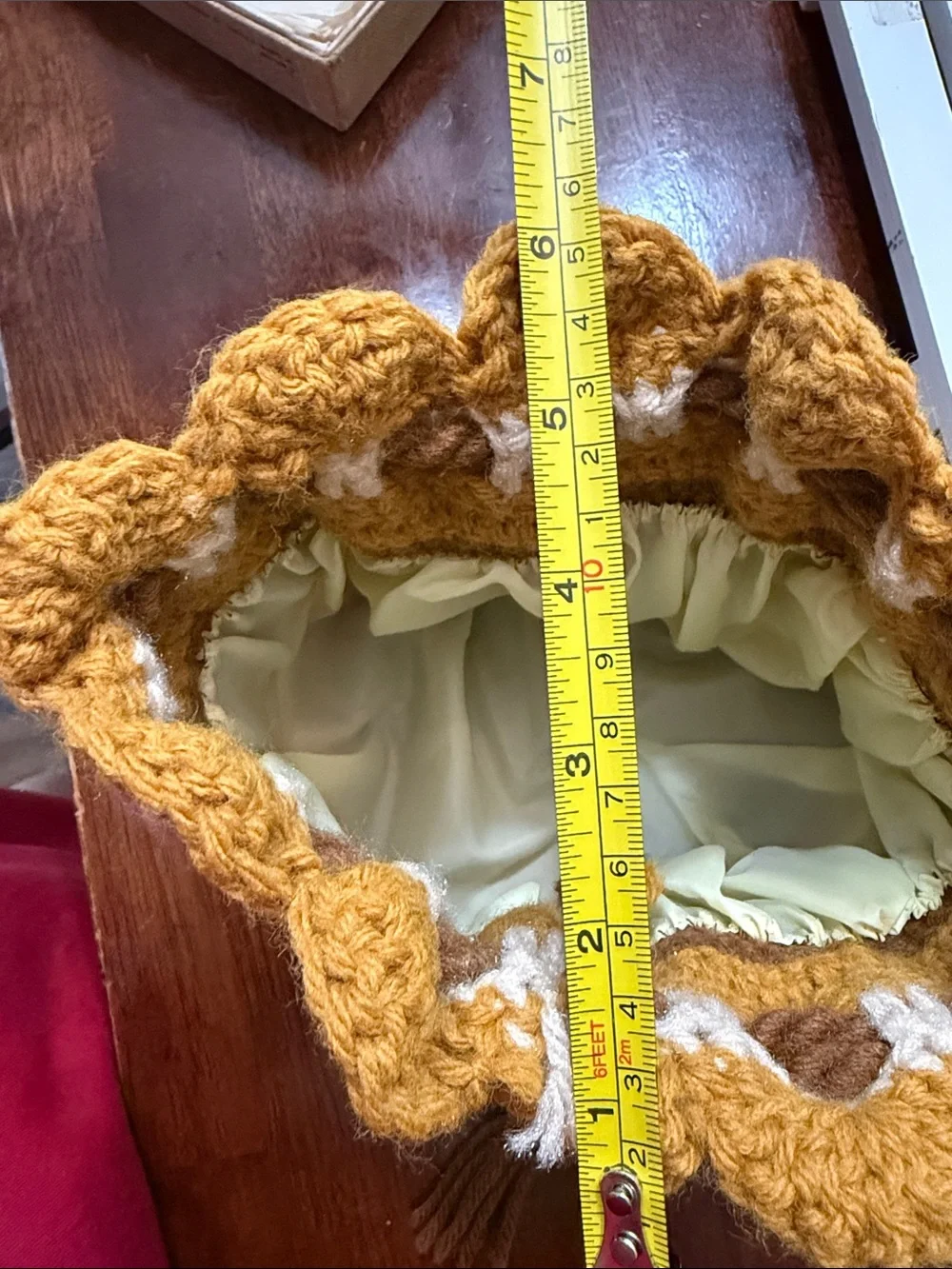 Vintage handmade crochet purse with drawstring in golds creams and browns lined